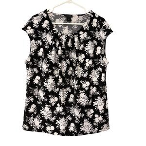 Ann Taylor XL Black‎ White Floral Print Cap Sleeve Blouse Top Women's